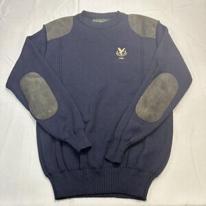Woolyback Sweater Mens Medium Blue Wool Suede Elbow Patch Shoulder Gleneagles